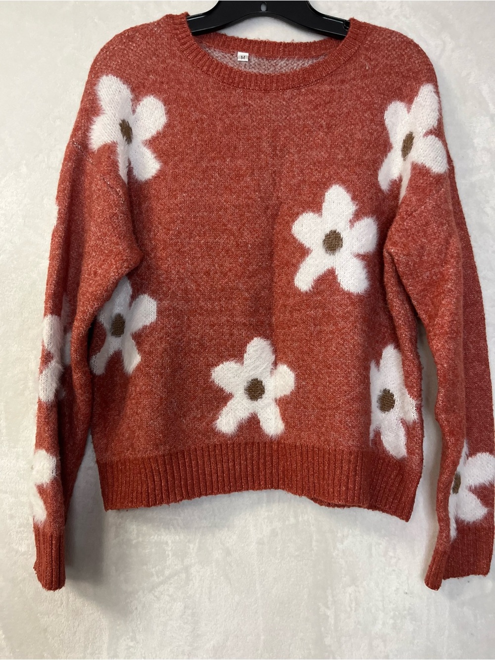 Rust Floral Crewneck Sweater with White Daisy Motifs - Women